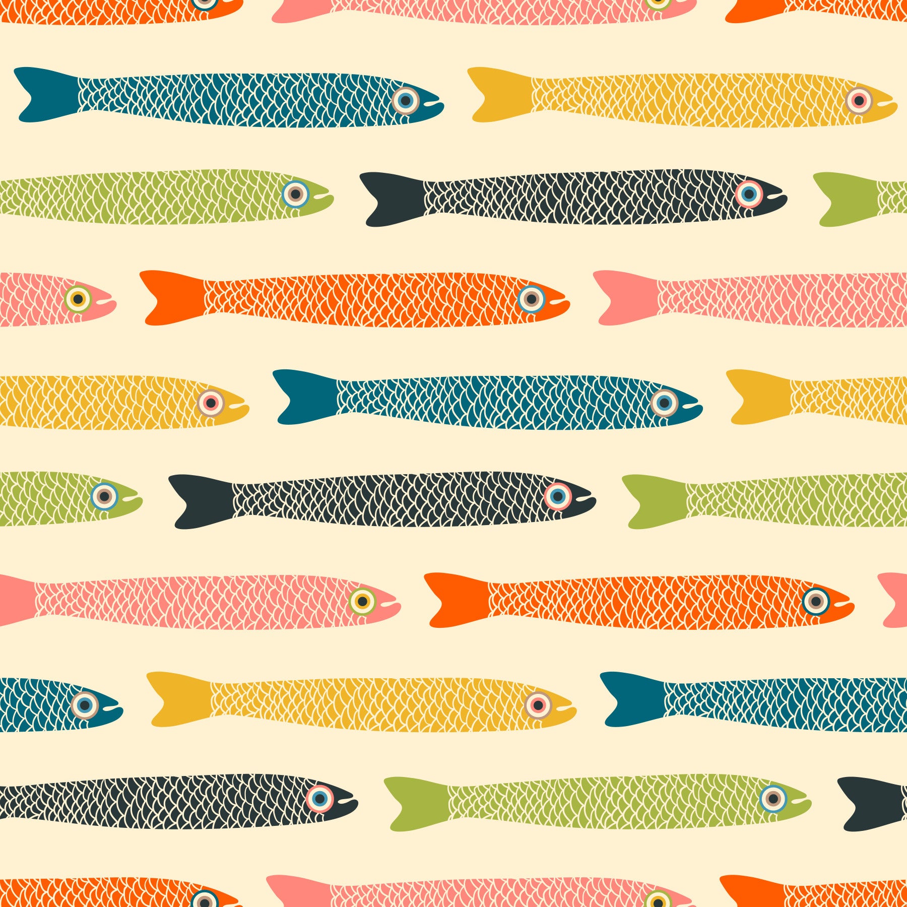 Anchovies Retro Vintage Multicolored Fish on Cream Wallpaper⁠