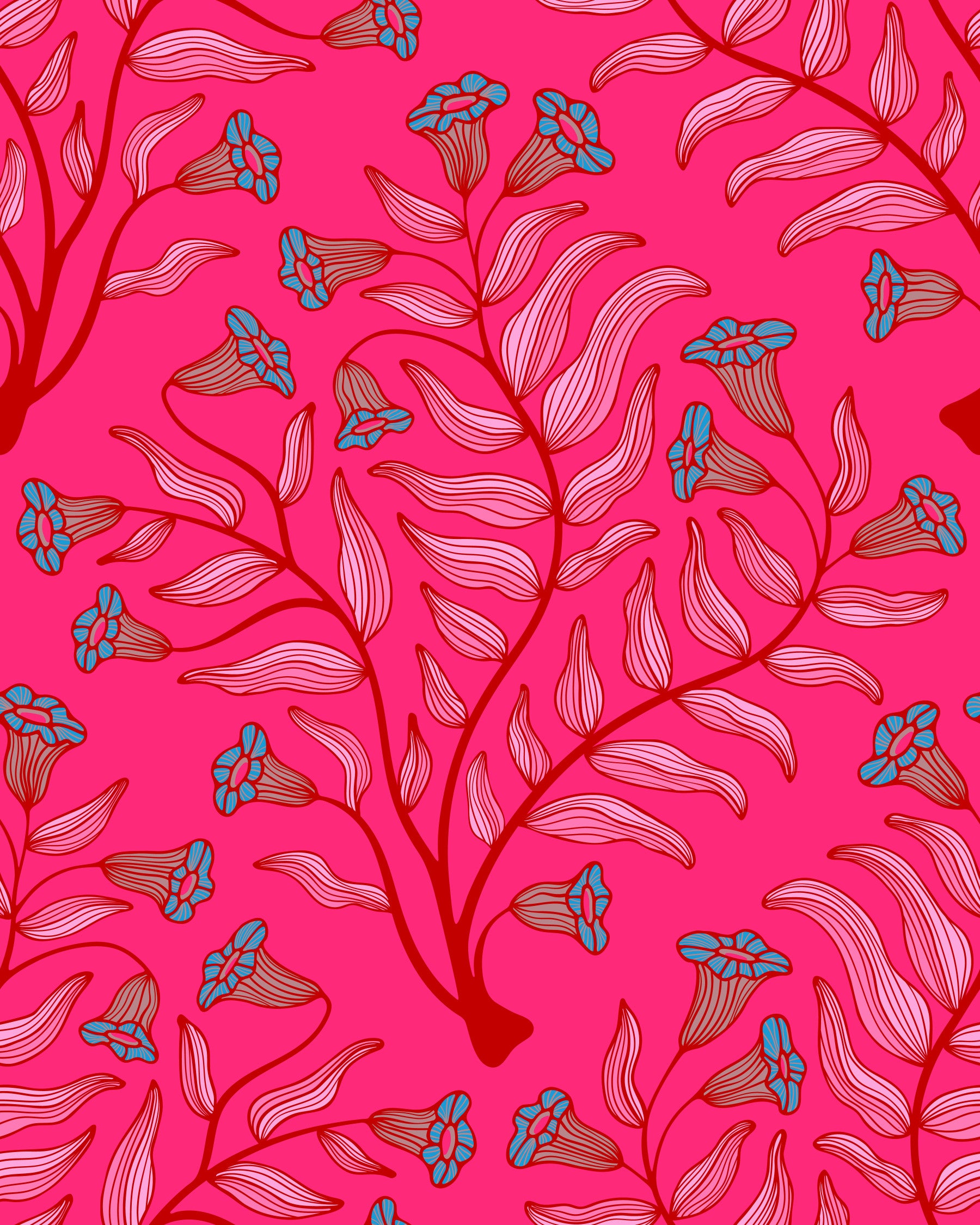 Trumpet Flower Damask Vintage Floral Botanical Jewel Pink Cherry Red Wallpaper⁠