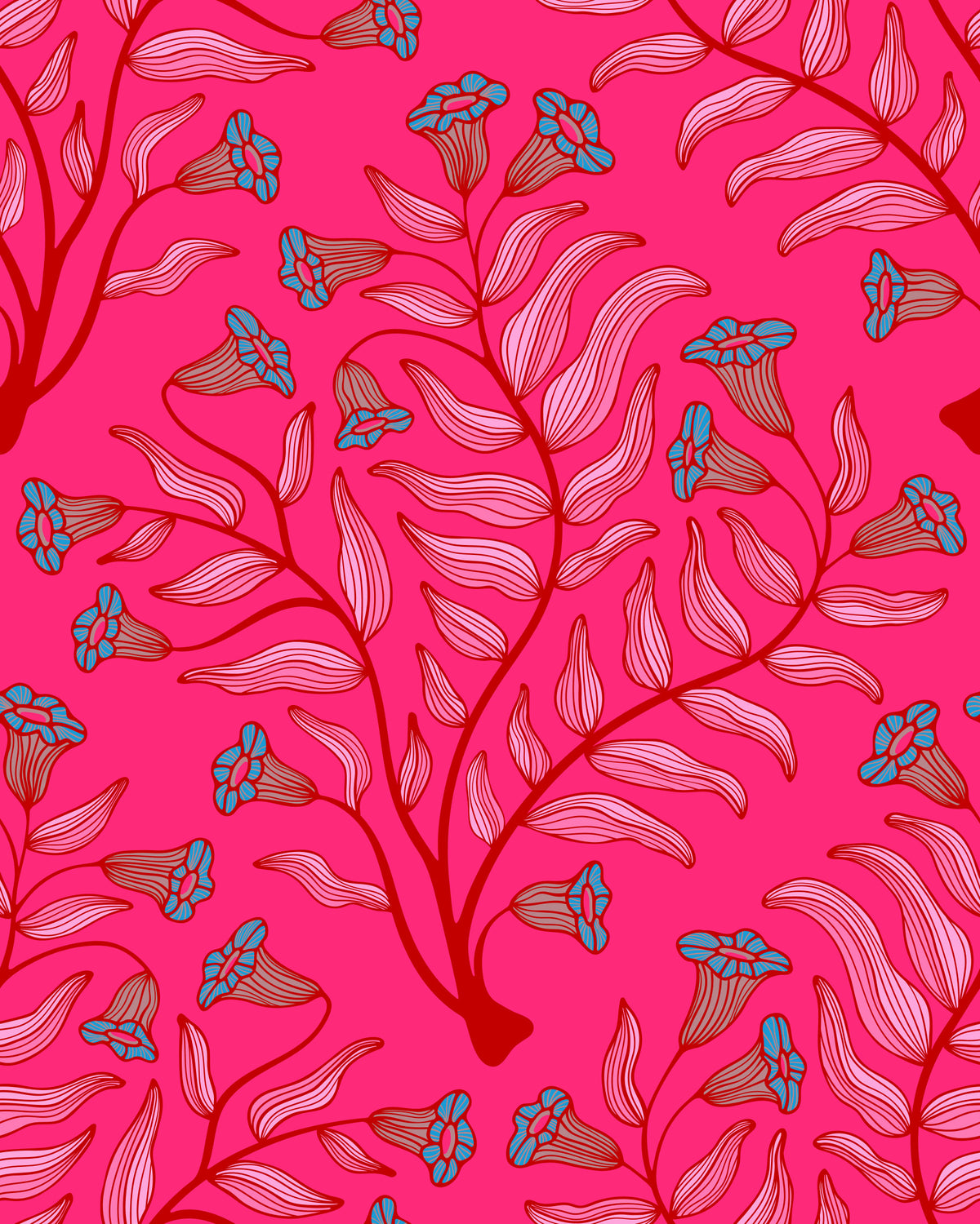 Trumpet Flower Damask Vintage Floral Botanical Jewel Pink Cherry Red Wallpaper⁠ in your room — zoomed