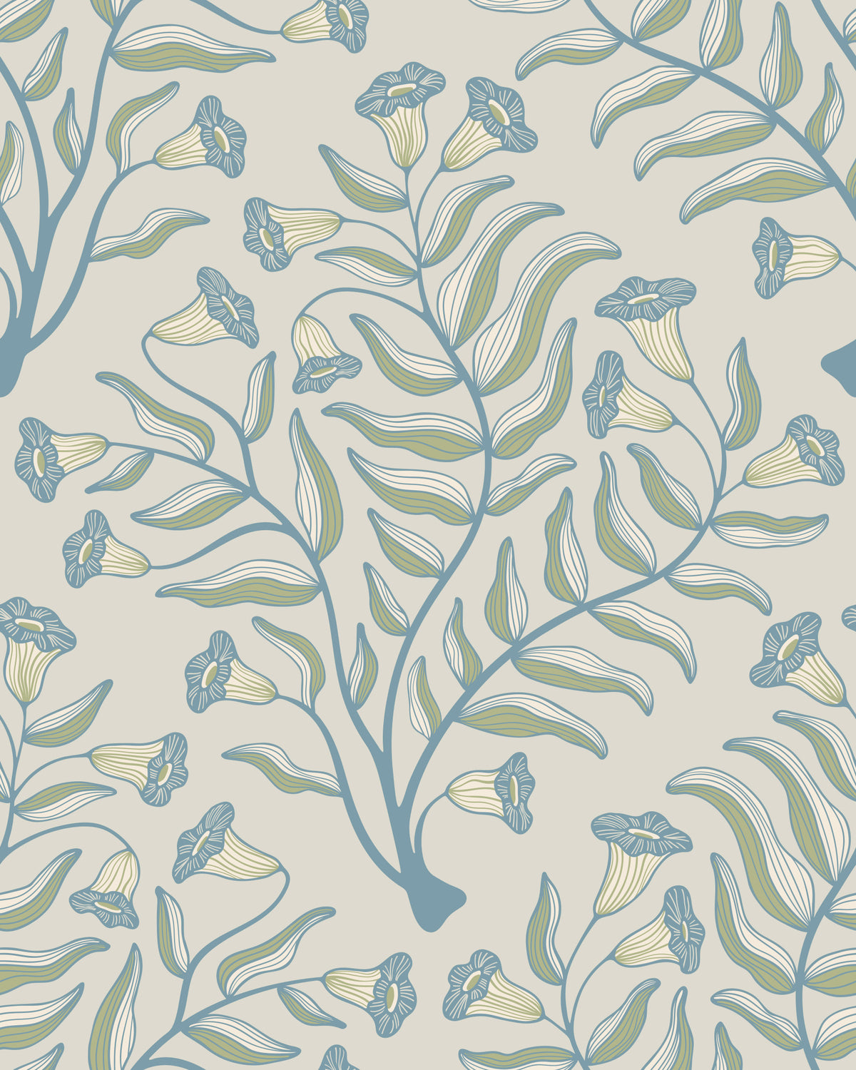 Trumpet Flower Damask Vintage Floral Botanical Cottage Blue Sage Green Gray Wallpaper⁠ in your room — zoomed