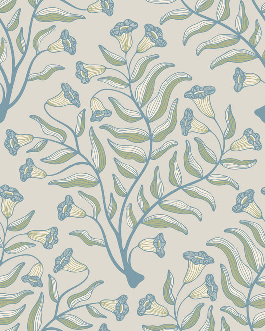 Trumpet Flower Damask Vintage Floral Botanical Cottage Blue Sage Green Gray Wallpaper⁠