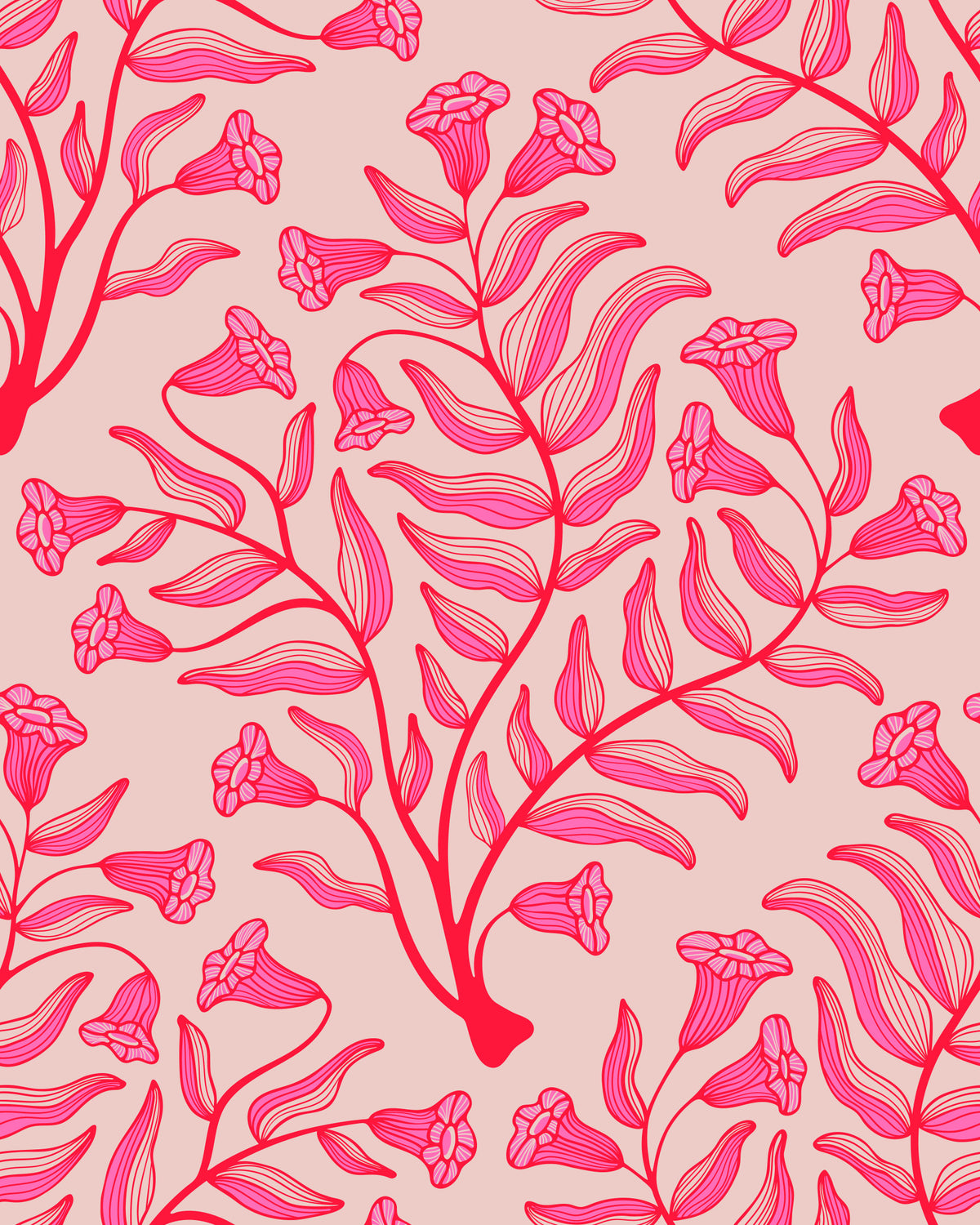 Trumpet Flower Damask Vintage Floral Botanical Fuchsia Red Light Pink Wallpaper⁠ in your room — zoomed