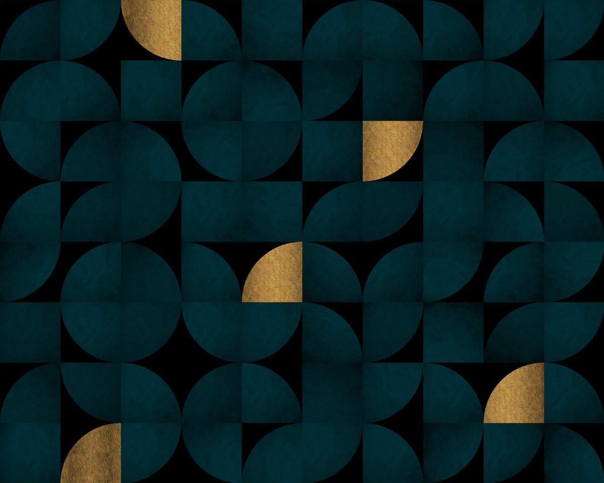 Mid-Century Dark Teal and Gold Wall Mural in your room — zoomed