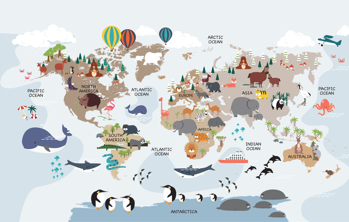 Around the World Animal Adventure Wall Mural in your room — zoomed