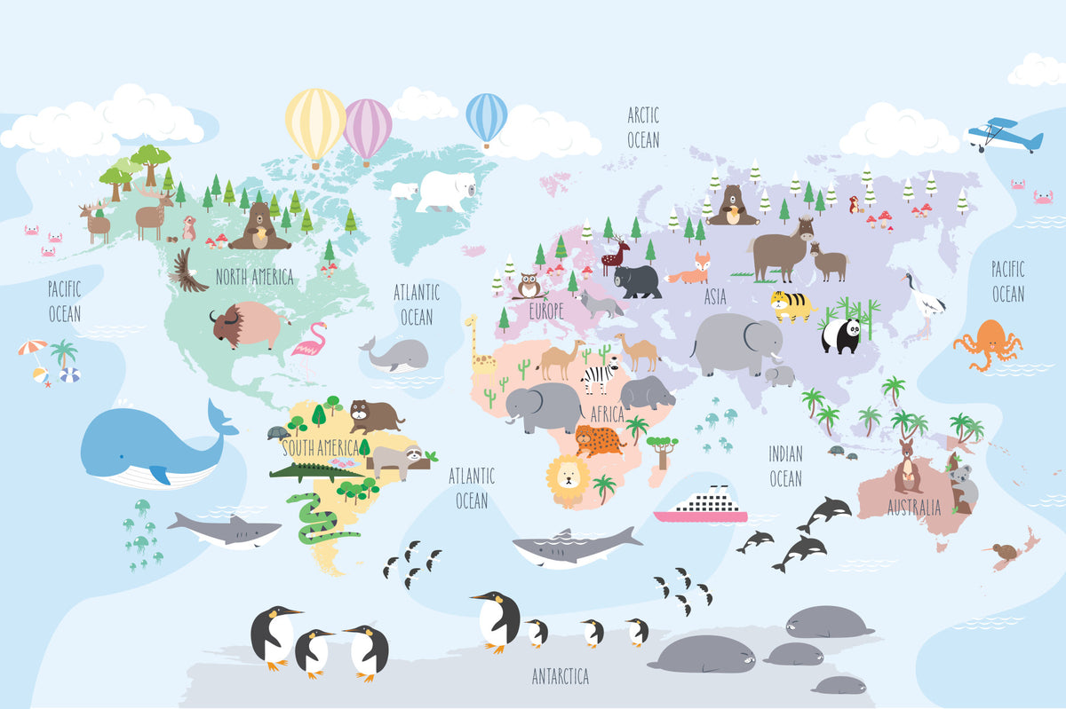Whimsical World Animal Map Wall Mural