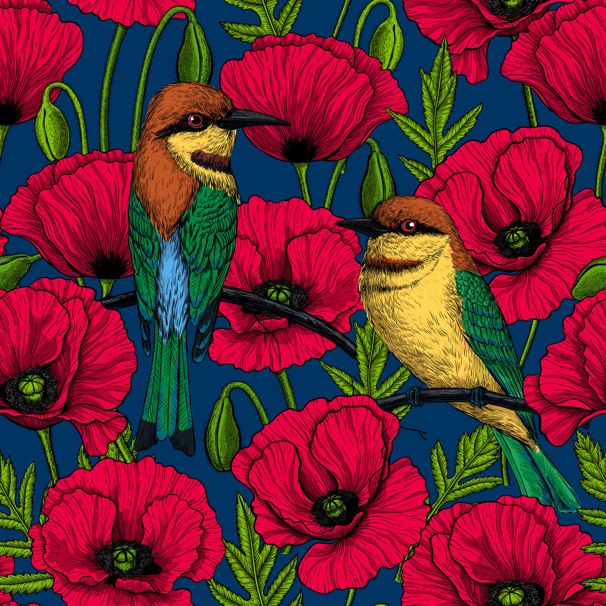 Red popies and bee eaters on dark blue Wallpaper⁠ in your room — zoomed