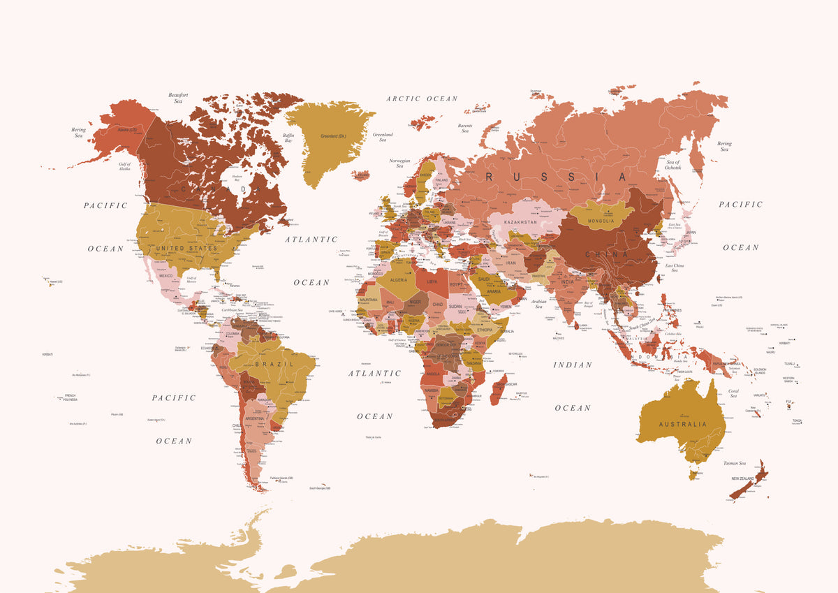 World Map Earth Tones Wall Mural in your room — zoomed
