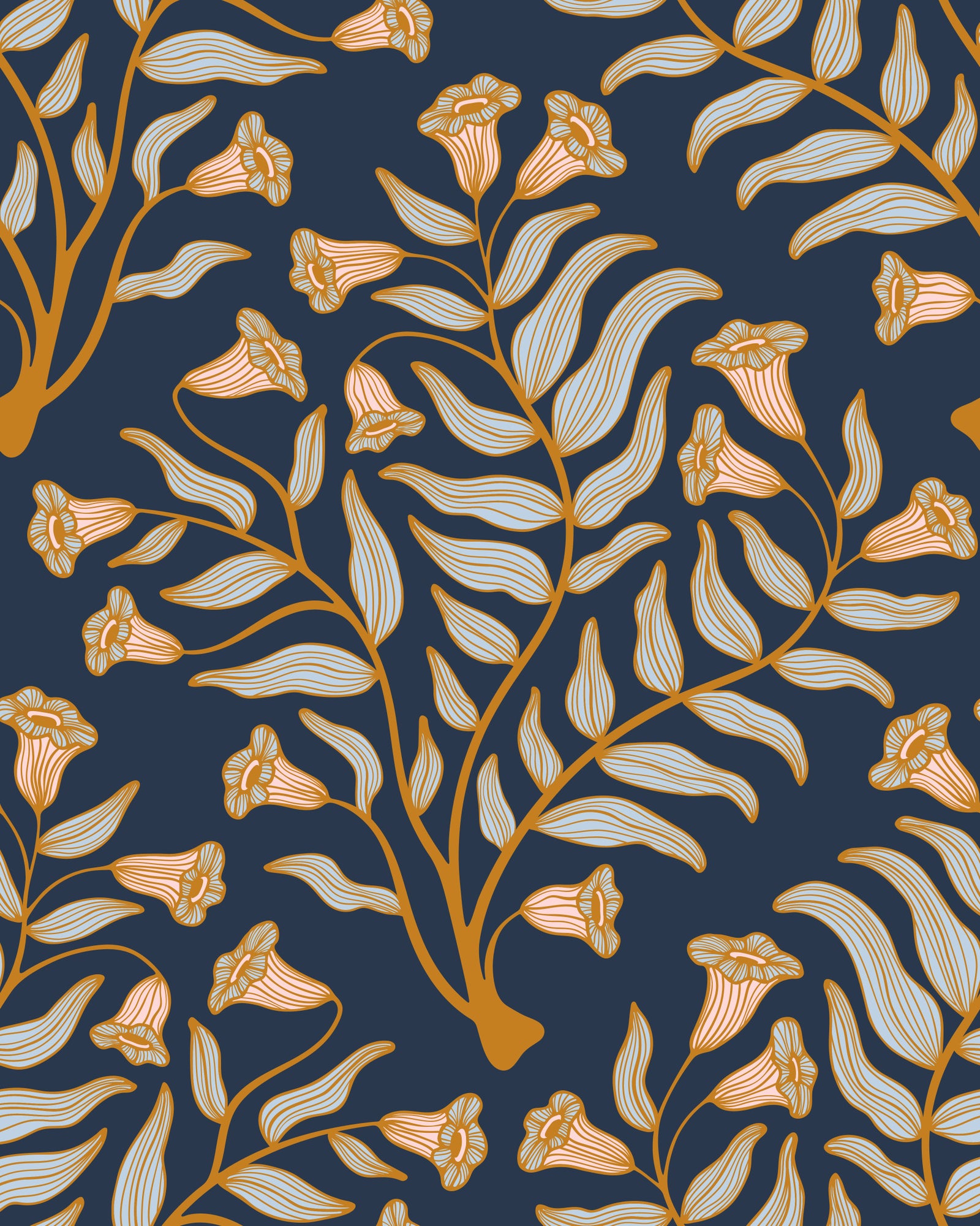 Trumpet Flower Damask Vintage Floral Botanical Dark Indigo Blue Wallpaper⁠