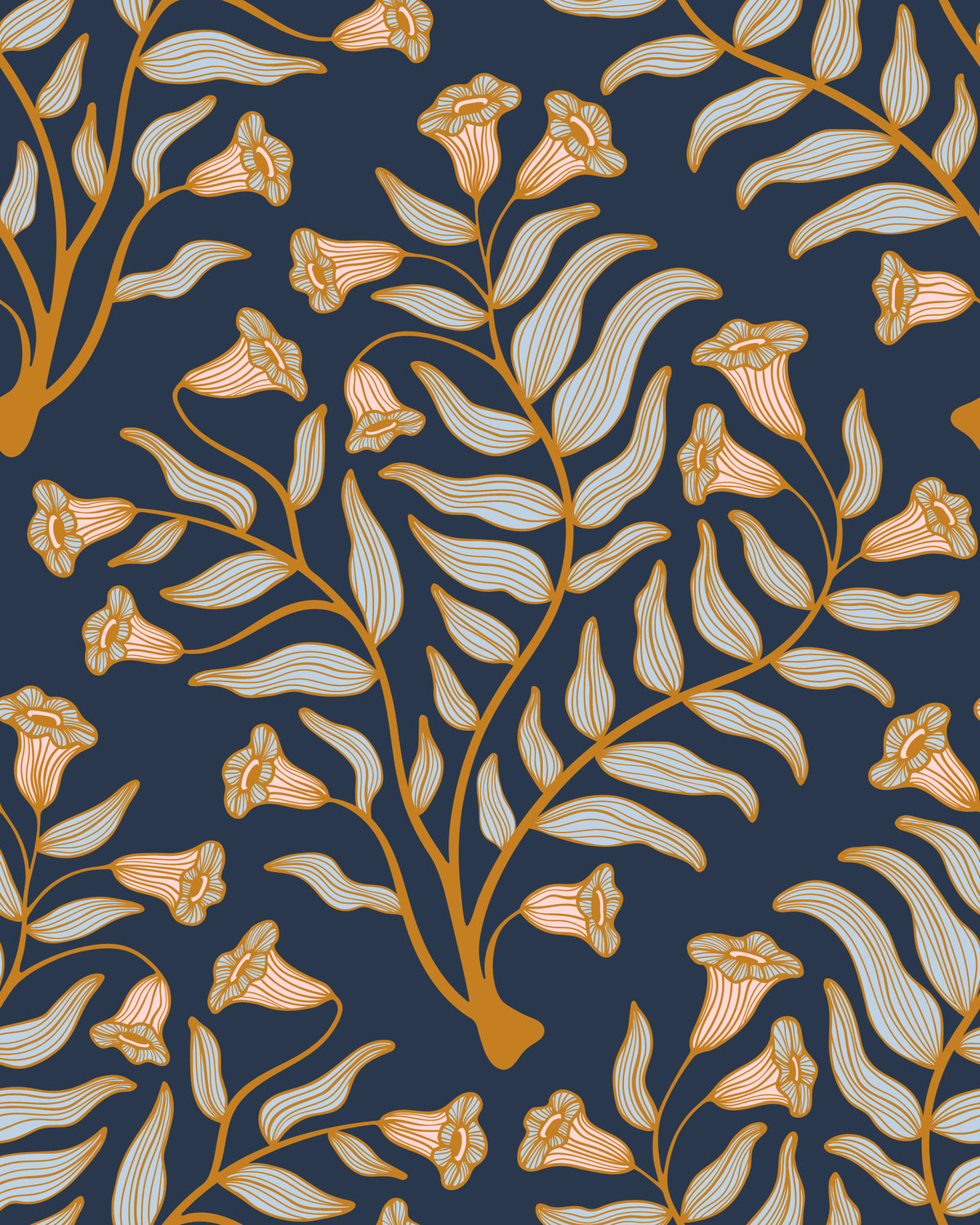 Trumpet Flower Damask Vintage Floral Botanical Dark Indigo Blue Wallpaper⁠