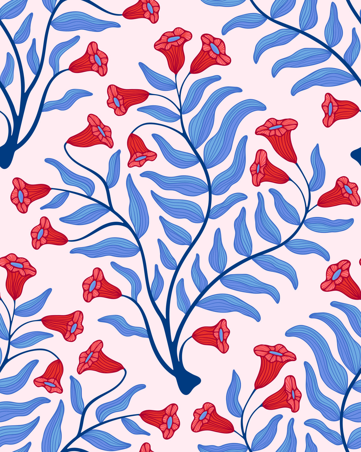 Trumpet Flower Damask Vintage Floral Botanical Cool Blue Red Light Pink Wallpaper⁠ in your room — zoomed