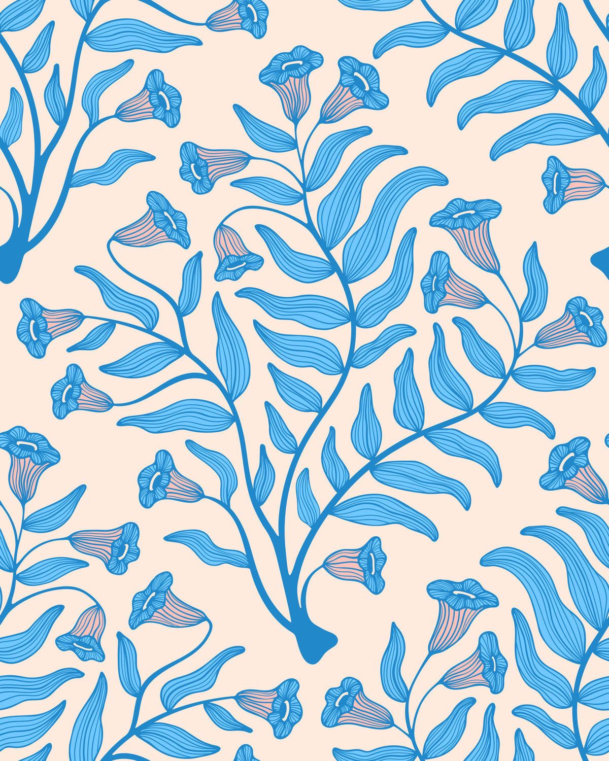 Trumpet Flower Damask Vintage Floral Botanical Light Blue Cream Wallpaper⁠ in your room — zoomed
