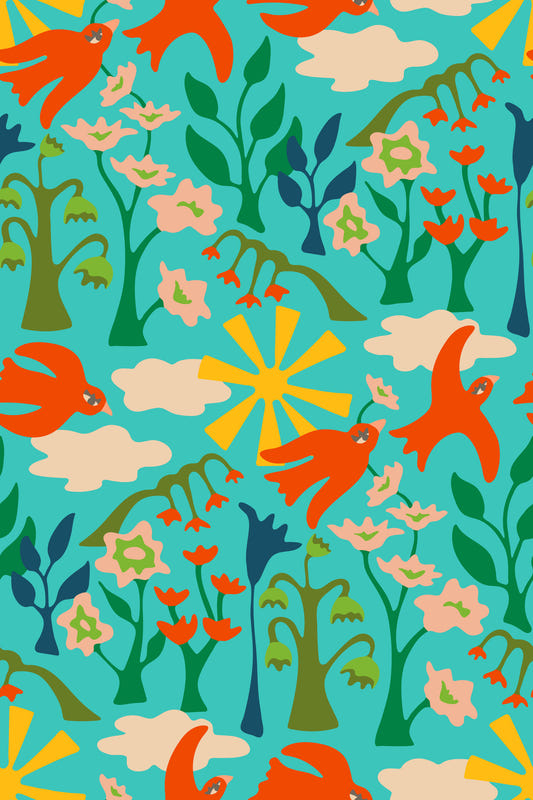 Garden Birds Charming Summer Floral Happy Bright Red Turquoise Wallpaper⁠