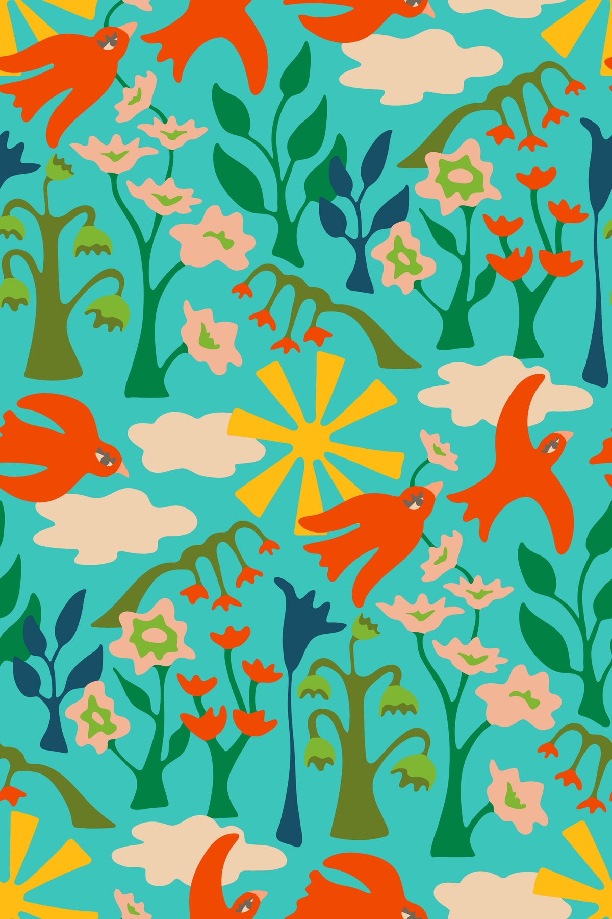 Garden Birds Charming Summer Floral Happy Bright Red Turquoise Wallpaper⁠