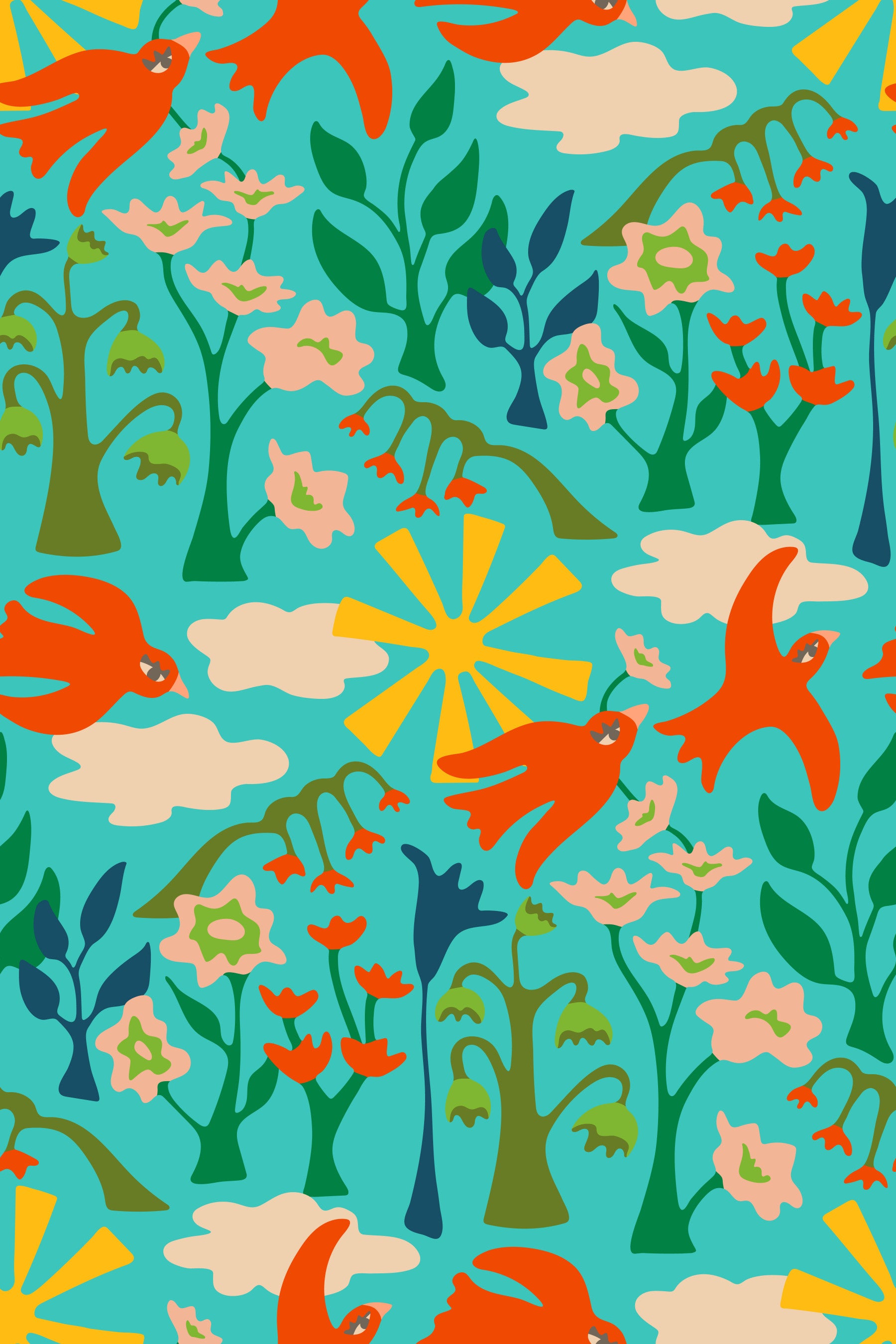 Garden Birds Charming Summer Floral Happy Bright Red Turquoise Wallpaper⁠