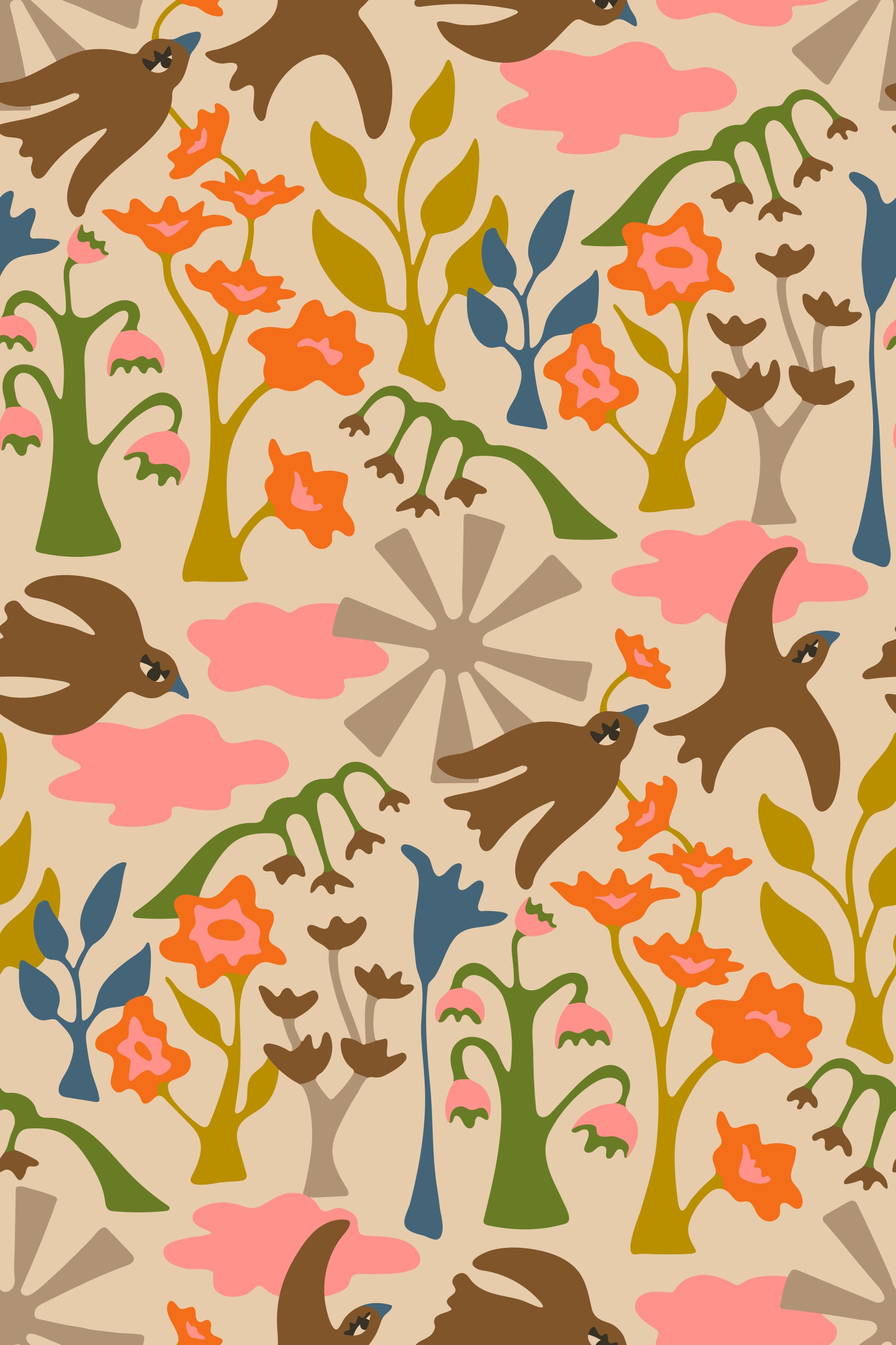Garden Birds Charming Summer Floral Earthy Brown Green Pink Orange Wallpaper⁠