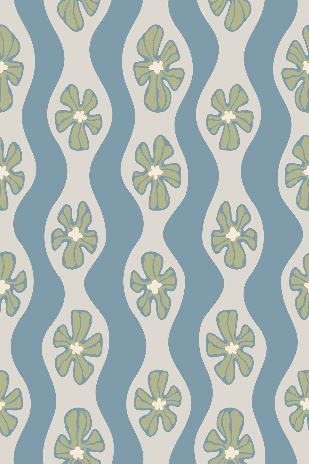 Ripple Floral Retro Flowers Mid Century Wavy Stripes Cottage Light Blue Wallpaper⁠