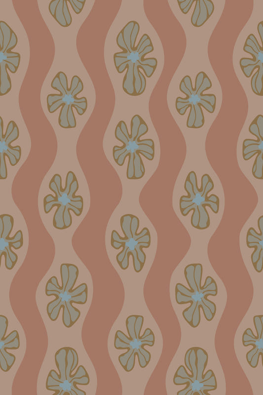 Ripple Floral Retro Flower Mid Century Wavy Stripes Mocha Mousse Brown Wallpaper⁠