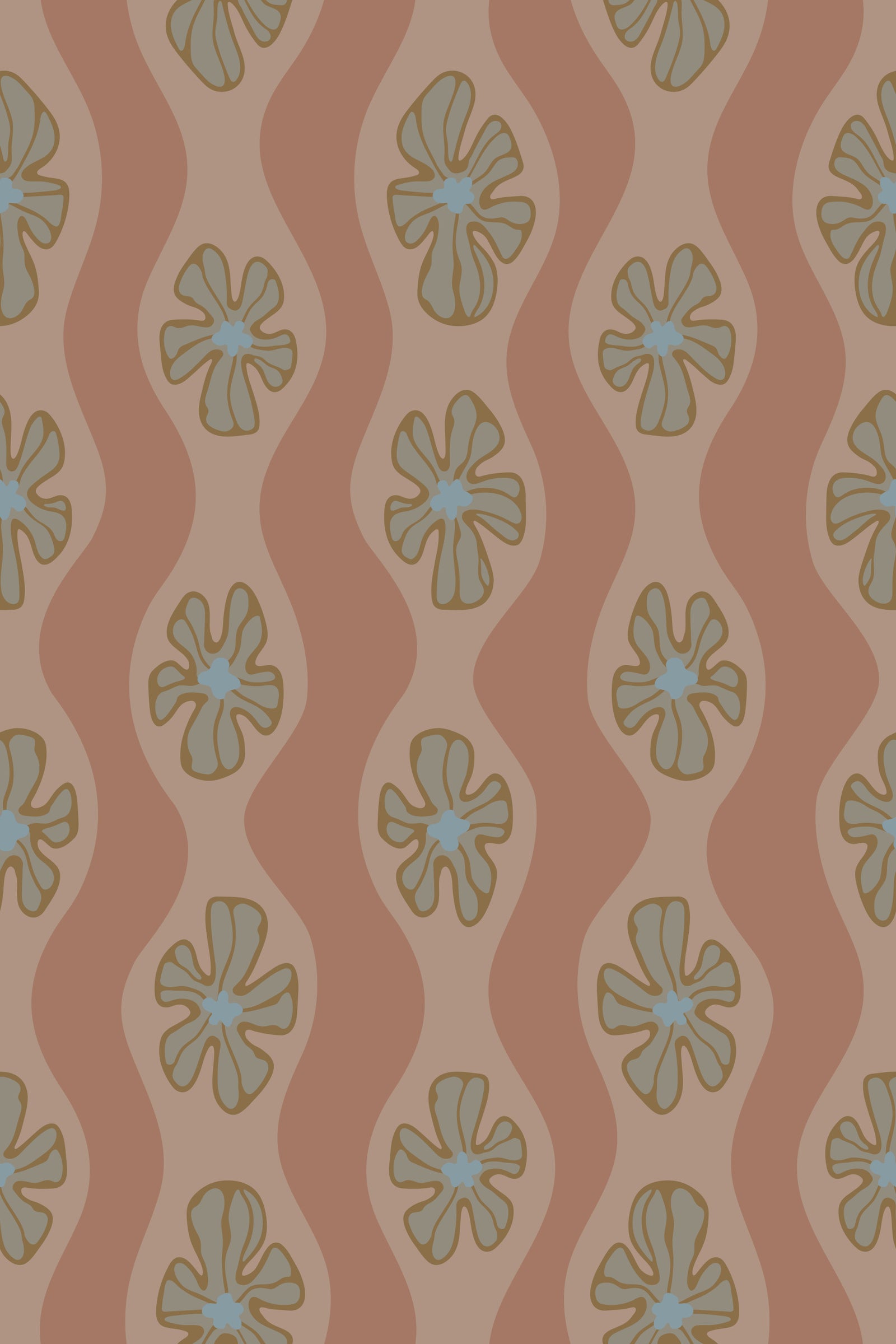 Ripple Floral Retro Flower Mid Century Wavy Stripes Mocha Mousse Brown Wallpaper⁠