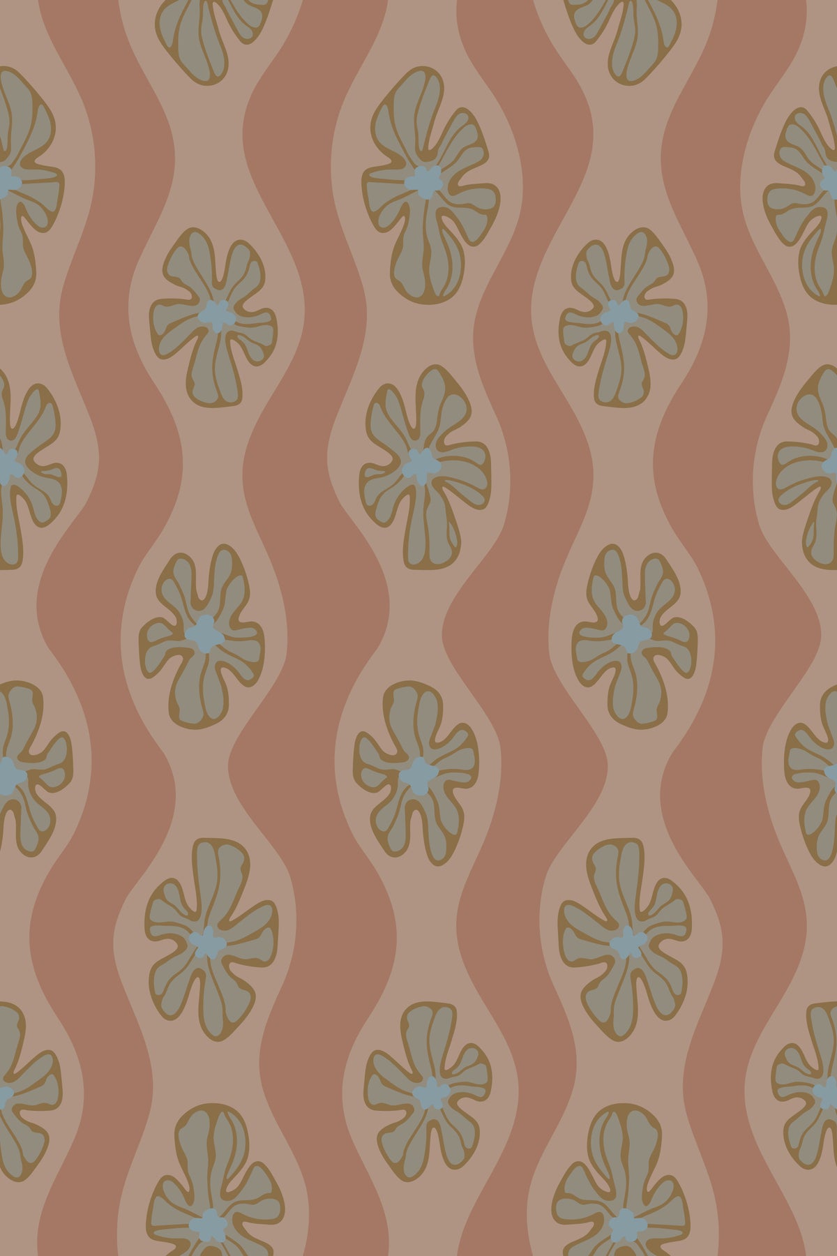 Ripple Floral Retro Flower Mid Century Wavy Stripes Mocha Mousse Brown Wallpaper⁠
