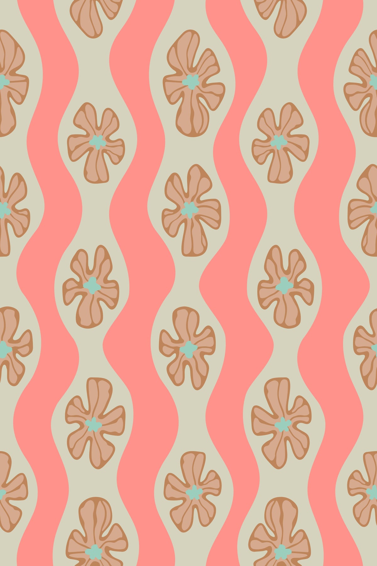 Ripple Floral Retro Flowers Mid Century Wavy Stripes Cottage Cream Beige Blush Orange Pink Wallpaper⁠