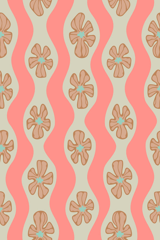 Ripple Floral Retro Flowers Mid Century Wavy Stripes Cottage Cream Beige Blush Orange Pink Wallpaper⁠