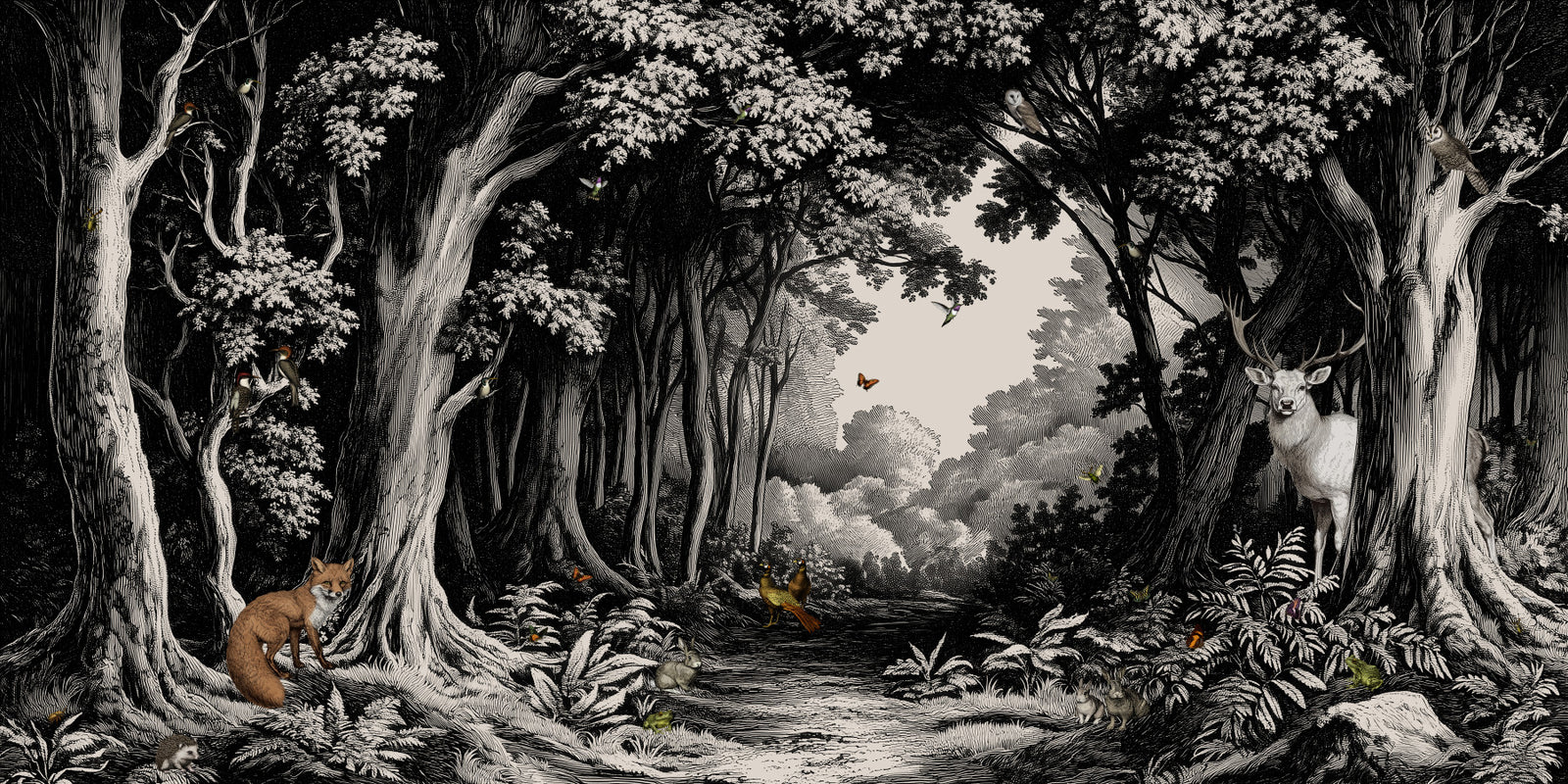 Into the Forest -  Black & Off-White Wall Mural
