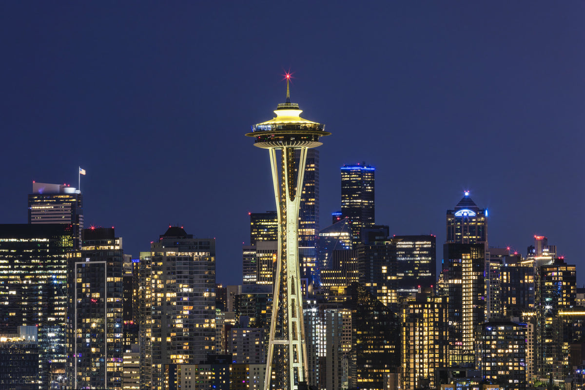 Amazing Seattle Skyline at Blue Hour Wall Mural in your room — zoomed