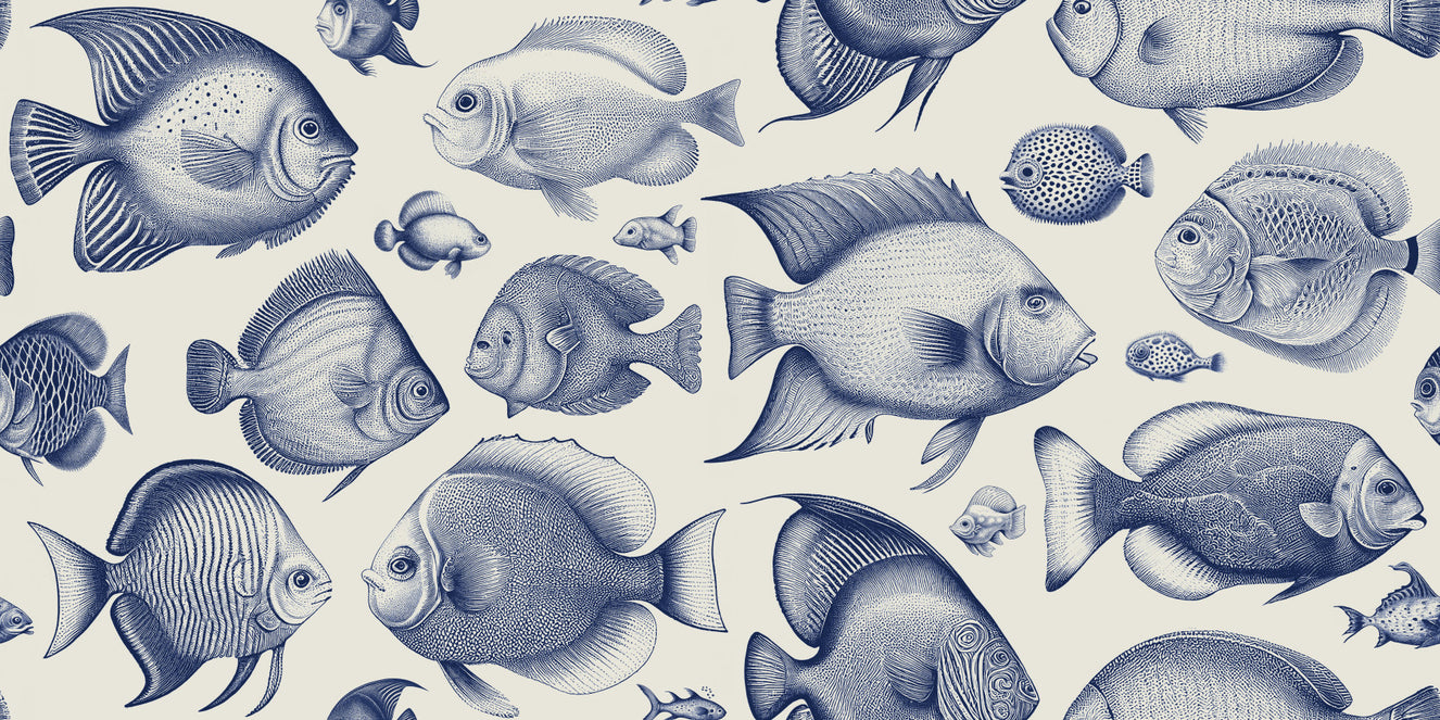 School of Uncanny Fish - Delft Blue Wallpaper⁠