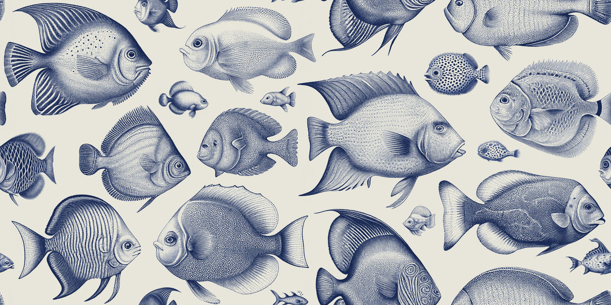 School of Uncanny Fish - Delft Blue Wallpaper⁠