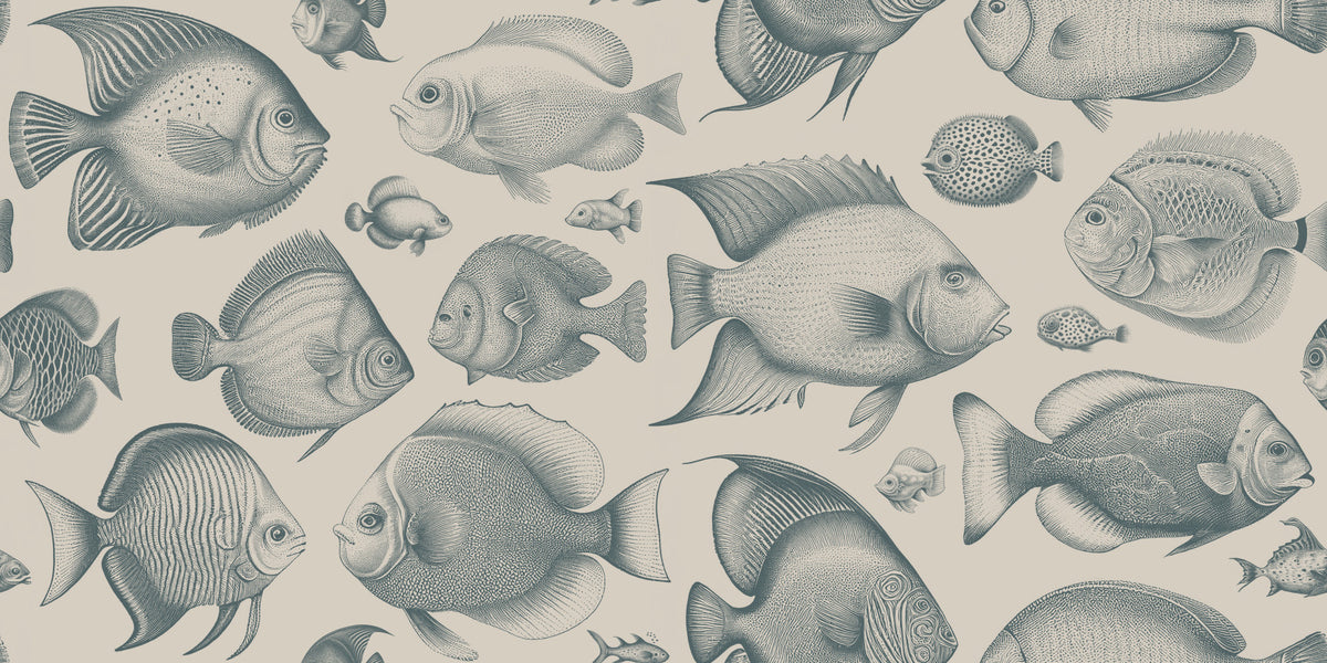School of Uncanny Fish - Teal & Sand Wallpaper⁠ in your room — zoomed