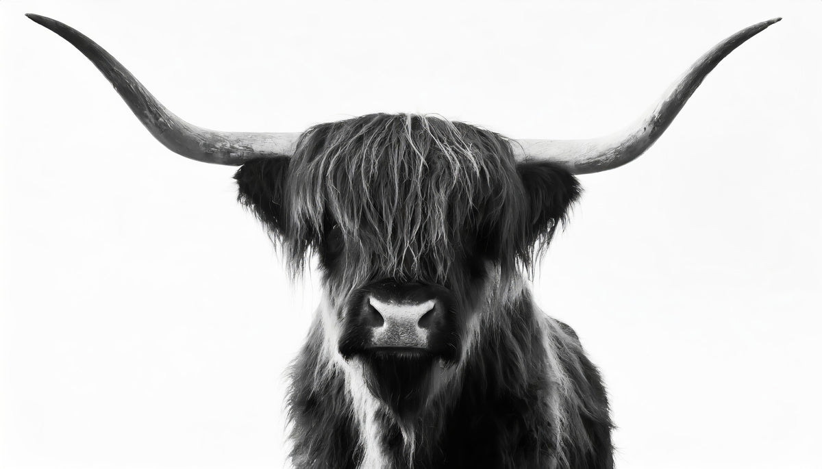 Monochrome Highland Horns and Hair Wall Mural in your room — zoomed