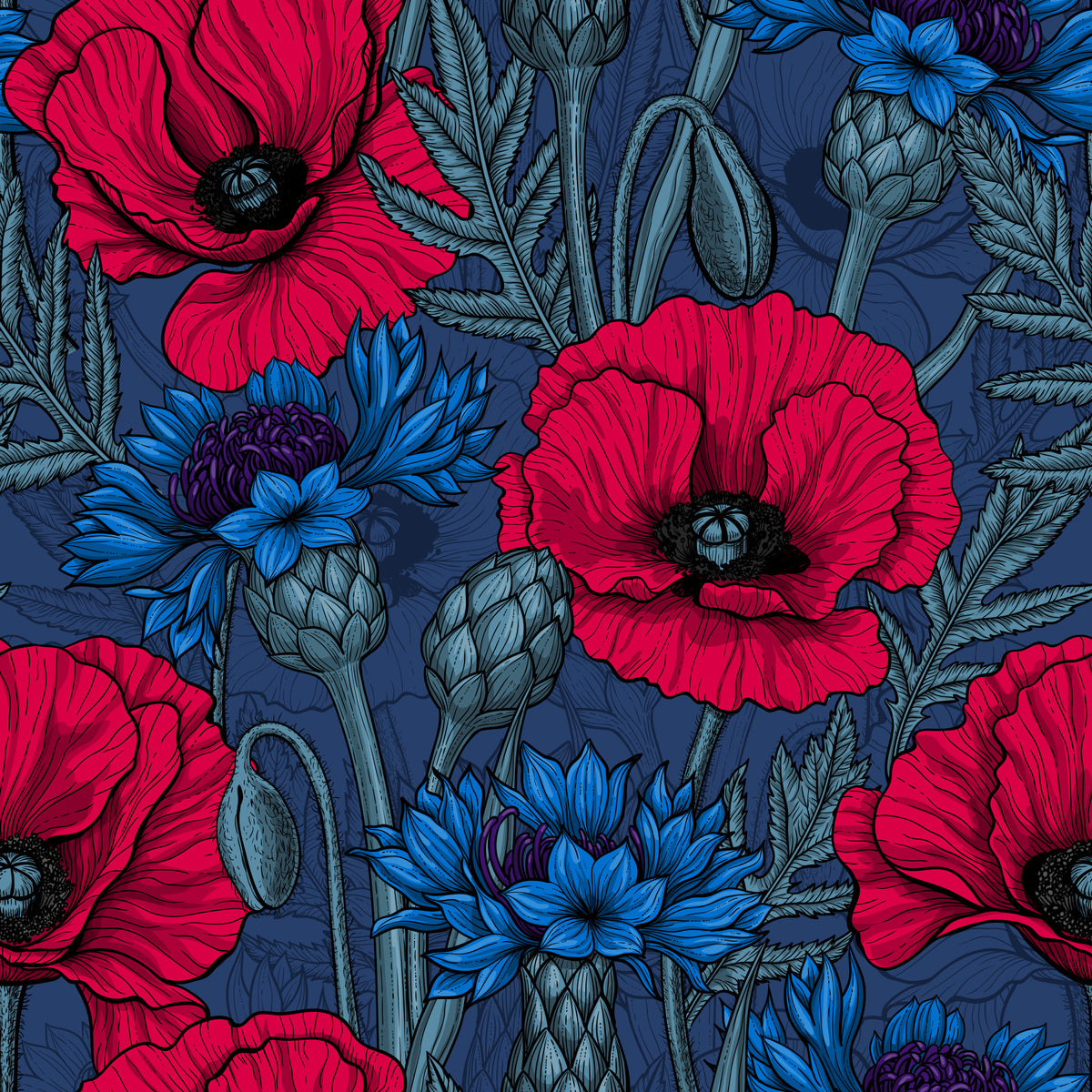 Midnight Garden Poppies and Cornflowers Wallpaper⁠ in your room — zoomed