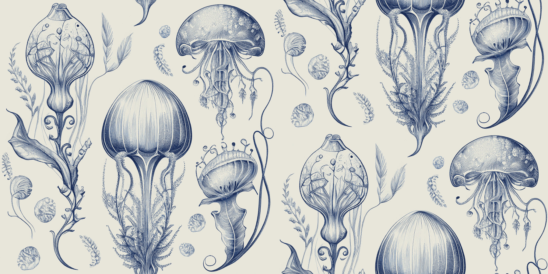 Fantastic Jellyfish - Delft Blue & Cream Wallpaper⁠