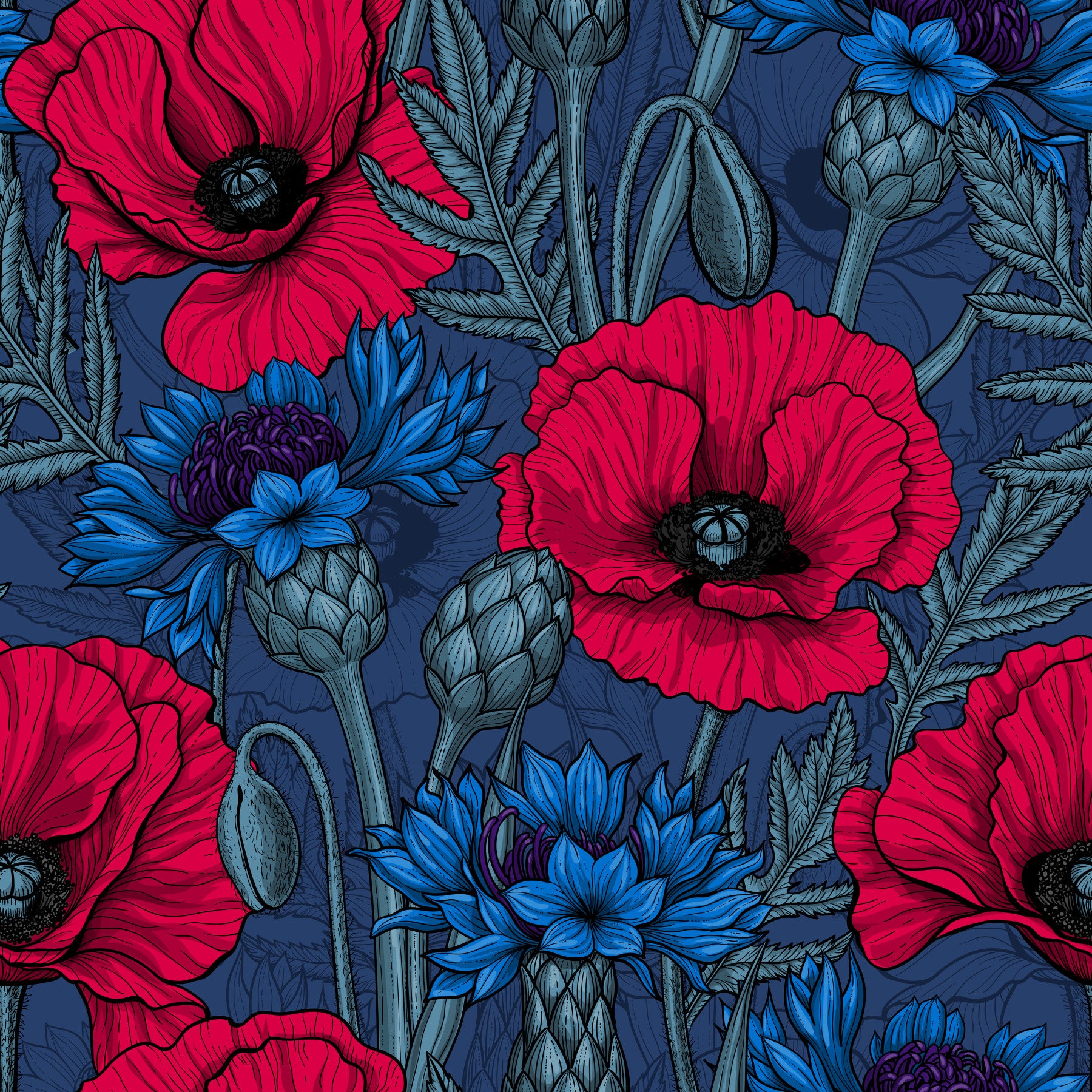 Poppies and Cornflowers Wallpaper⁠