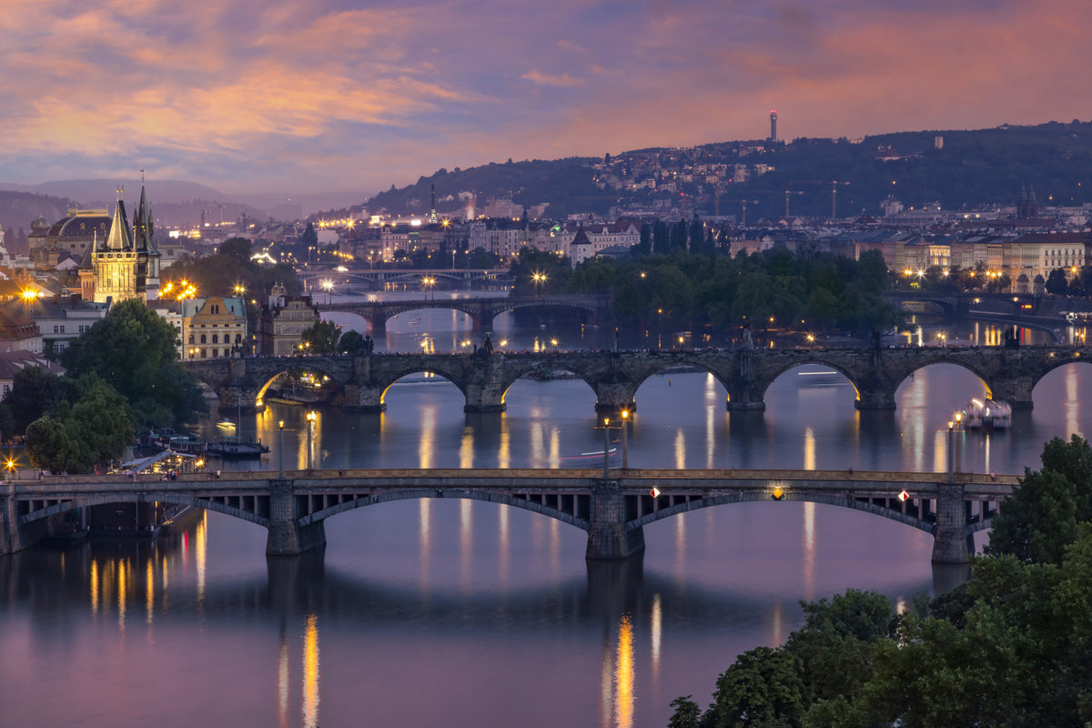 Evening view over the Vltava bridges in Prague Wall Mural in your room — zoomed