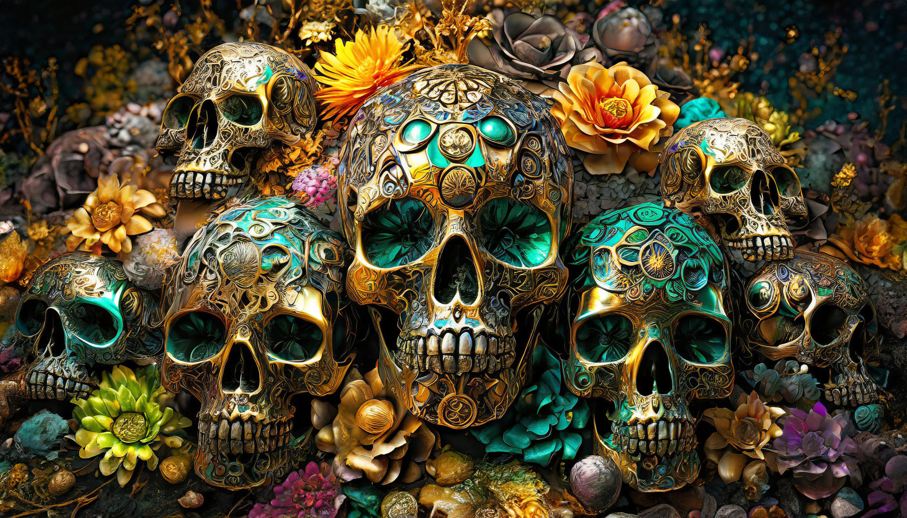 Golden Skulls & Floral Rhapsody Wall Mural