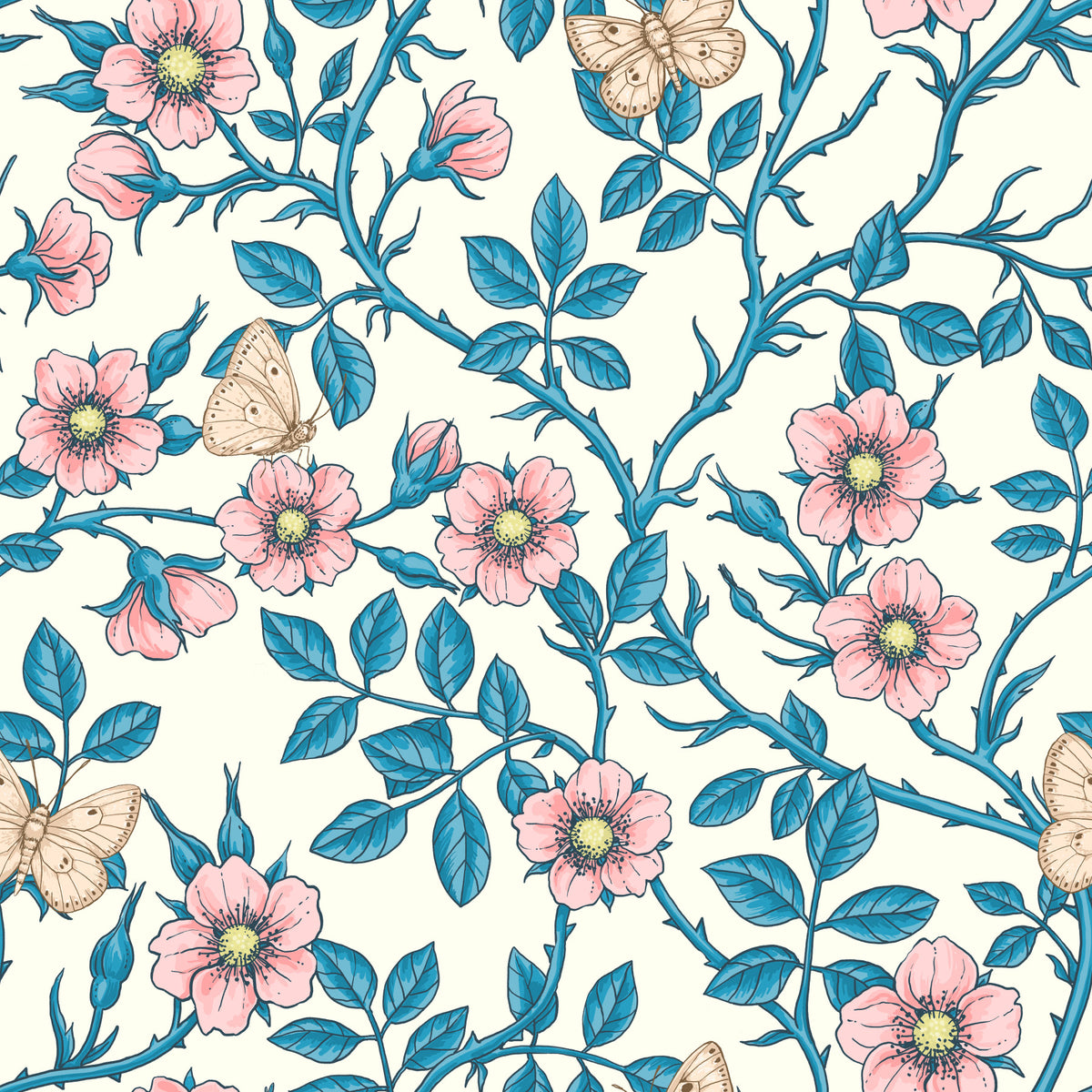 Wild roses and butterflies /pink/blue/off white Wallpaper⁠ in your room — zoomed