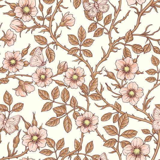 Wild roses and butterflies /pink/brown/off white Wallpaper⁠
