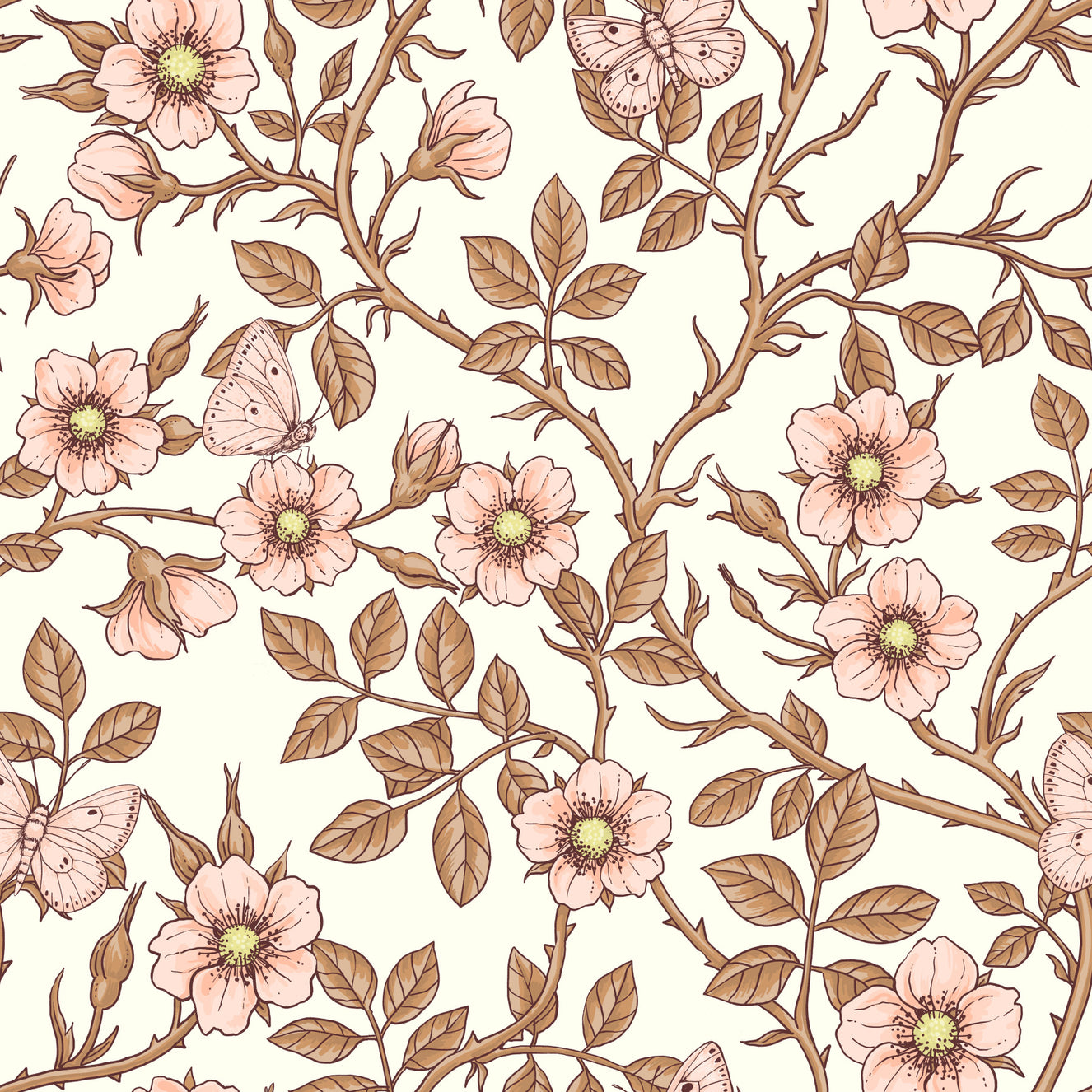 Wild roses and butterflies /pink/brown/off white Wallpaper⁠