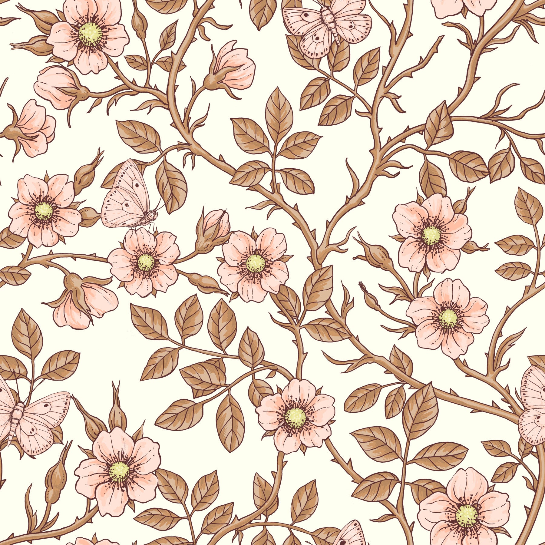 Wild roses and butterflies /pink/brown/off white Wallpaper⁠