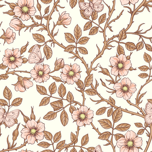 Wild roses and butterflies /pink/brown/off white Wallpaper⁠