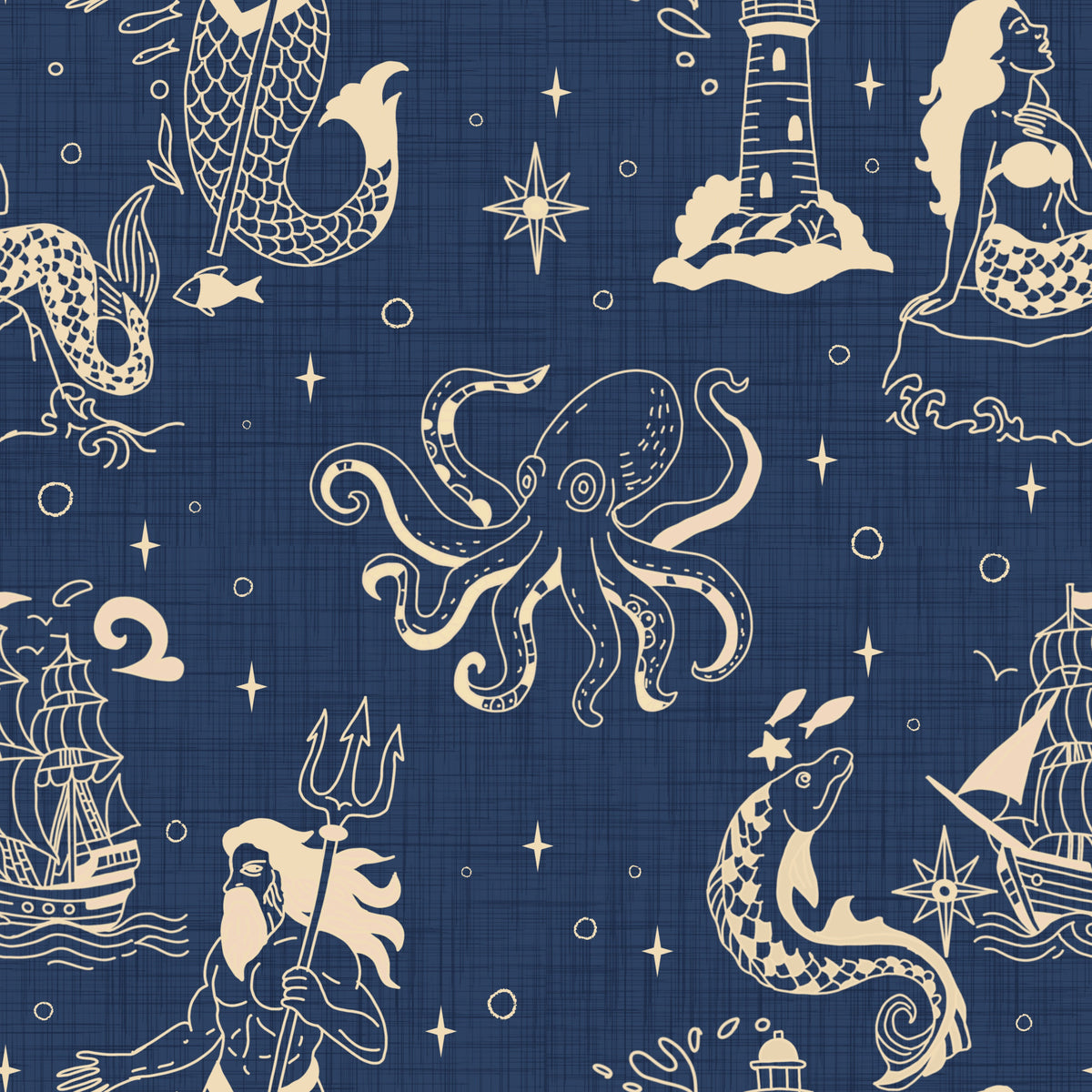 Nautical Mythology Inked - Retro Ocean Blue Wallpaper⁠