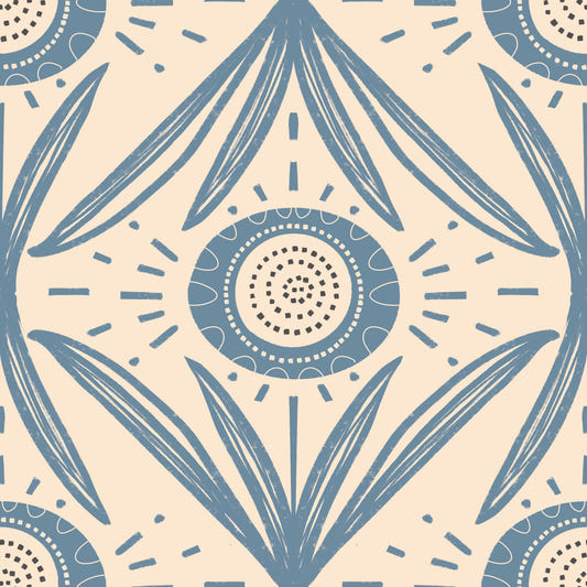 Folk Bloom Radiance Dusty Blue - Mid Century Floral Wallpaper⁠