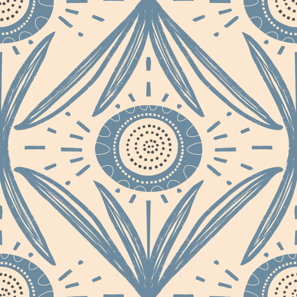 Folk Bloom Radiance Dusty Blue - Mid Century Floral Wallpaper⁠ in your room — zoomed