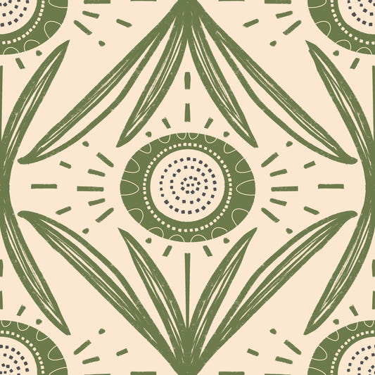 Folk Bloom Radiance Olive Green - Farmhouse Floral Wallpaper⁠