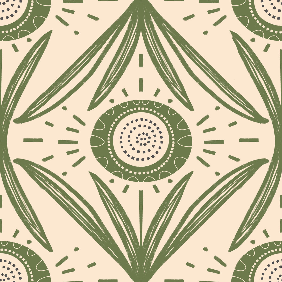 Folk Bloom Radiance Olive Green - Farmhouse Floral Wallpaper⁠