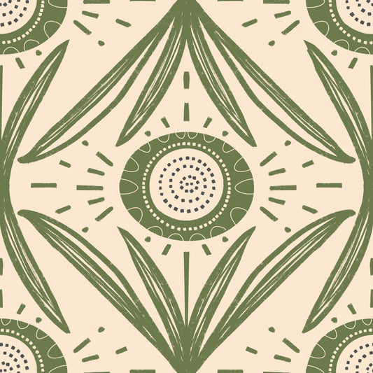 Folk Bloom Radiance Olive Green - Farmhouse Floral Wallpaper⁠