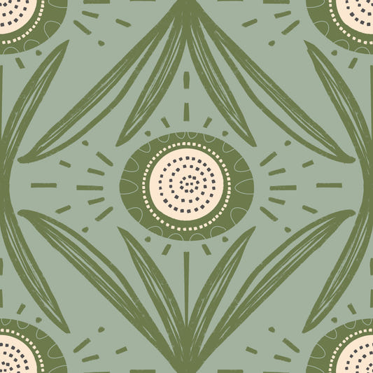 Folk Bloom Radiance Olive Sage - Cottage Green Floral Wallpaper⁠