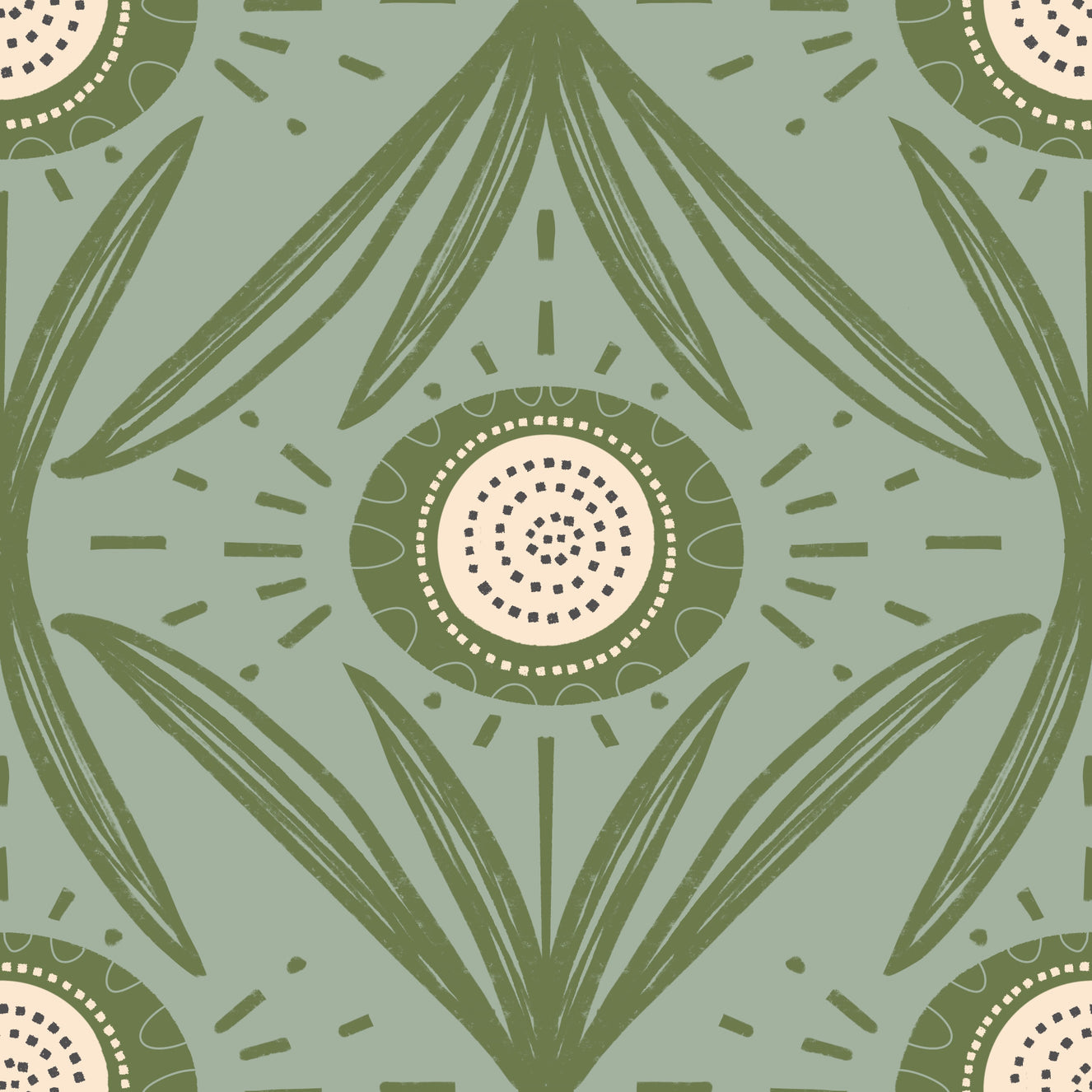 Folk Bloom Radiance Olive Sage - Cottage Green Floral Wallpaper⁠