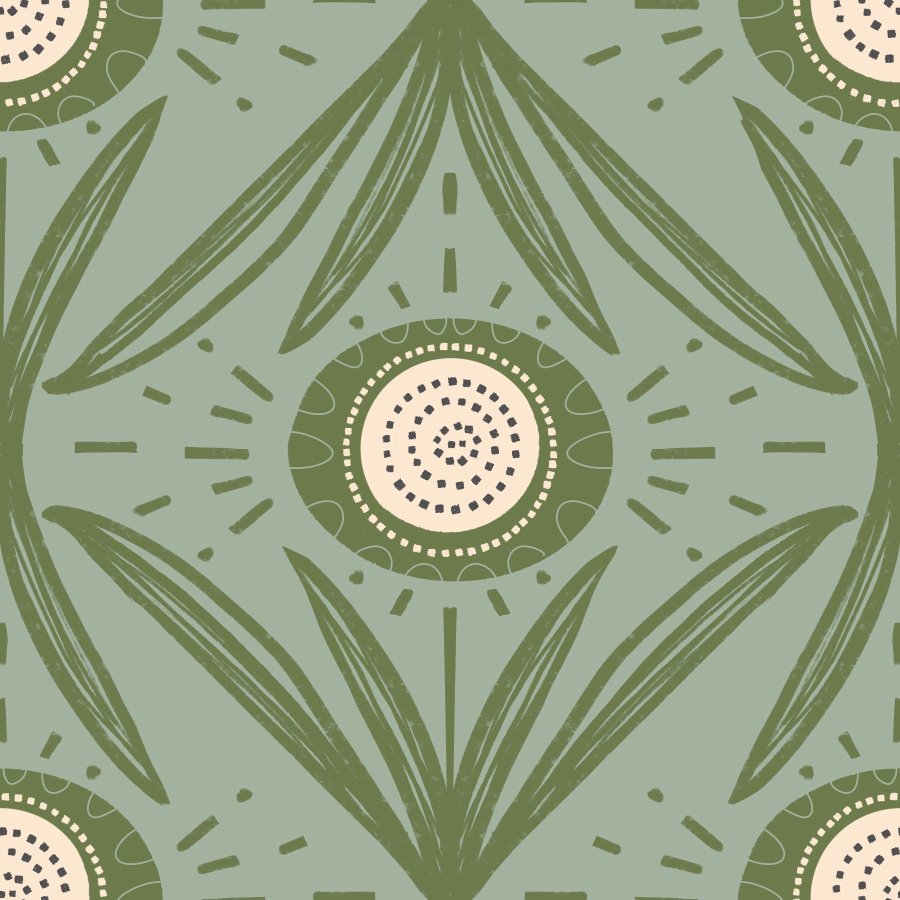 Folk Bloom Radiance Olive Sage - Cottage Green Floral Wallpaper⁠
